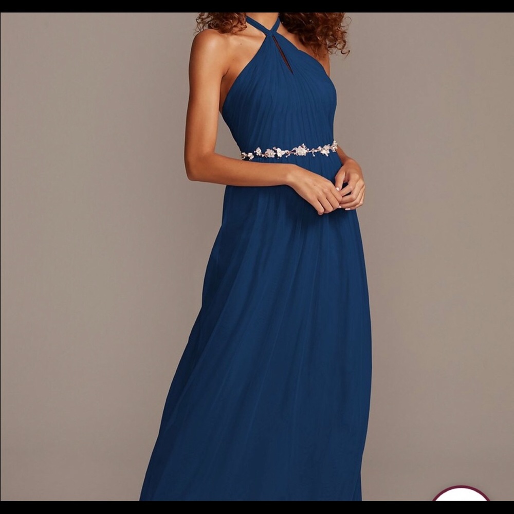 David’s Bridal High-Neck Pleated Soft Bridesmaid Dress Marine